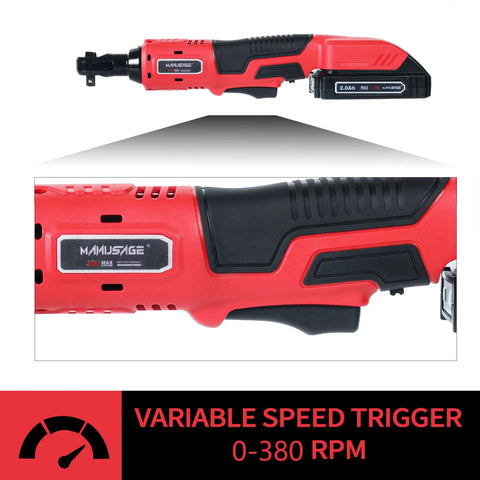 Cordless Ratchet Wrench Three Eighths Inch Delivers 44.25 Foot Pounds Of Torque At 380 RPM, Twenty Volt Lithium Battery