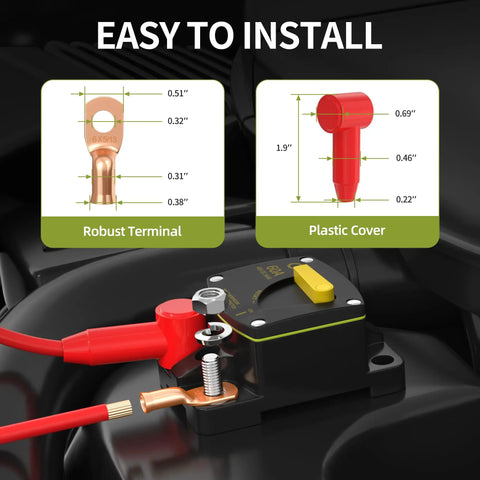 Installation view of waterproof 60 Amp 12V DC circuit breaker for marine and auto use with manual reset switch.