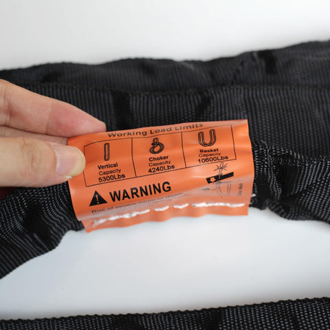 Label showing load limits on Two Pack Black Endless Round Slings Heavy Duty Polyester Lifting Slings With 5300 Lbs Vertical Capacity