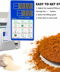 Automatic Powder And Granule Filling Machine With Hassle Free Setup, Rock Solid Stainless Steel Frame, Digital Scale For Precision Weighing, 10 To 500 Gram Range, Plug And Play Packaging For Tea Grains Feed Jewelry with digital control panel and coffee powder.