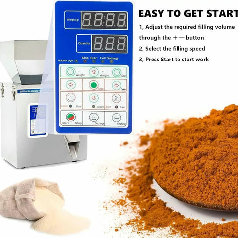 Automatic Powder And Granule Filling Machine With Hassle Free Setup, Rock Solid Stainless Steel Frame, Digital Scale For Precision Weighing, 10 To 500 Gram Range, Plug And Play Packaging For Tea Grains Feed Jewelry with digital control panel and coffee powder.