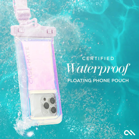 IP68 Waterproof Phone Pouch with Floating Lock Seal in iridescent soap bubble finish over water, phone visible inside.