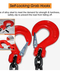 Self-Locking Grab Hooks attached to a heavy duty chain, made of alloy steel for secure industrial hoisting with safety clip.