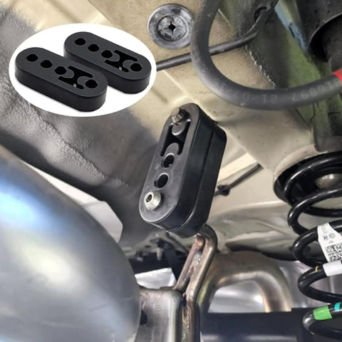 2 Pack Universal Exhaust Rubber Hangers With Four Hole Adjustable Brackets installed under vehicle