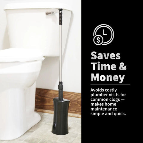 Revolutionary Toilet Plunger And Squeegee Combo With Stainless Steel Handle And Caddy Holder next to toilet, black one pack