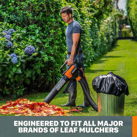 Man using Universal Fit Leaf Collection System for Leaf Blowers and Vacuums, 5-Inch Tube, Mesh Hood, Big Capacity WA4058 in garden.