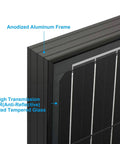 Close-up of Road Trip Tested 400 Watt Black Solar Panels Two 200W Mono Cells with anodized aluminum frame and tempered glass.
