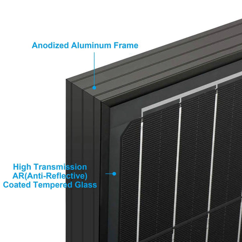 Close-up of Road Trip Tested 400 Watt Black Solar Panels Two 200W Mono Cells with anodized aluminum frame and tempered glass.