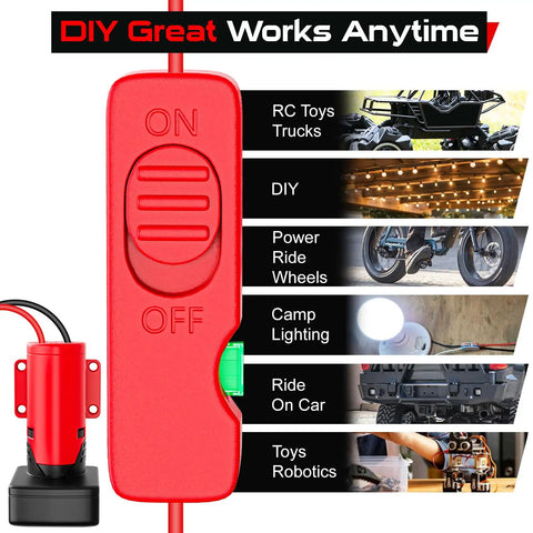 Upgraded Milwaukee 12V Battery Adapter For Ride On Wheel Toys with switch and fuse design, shown with DIY applications.