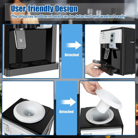 User-friendly design of hot and cold water dispenser for home and office with detachable parts shown in detail