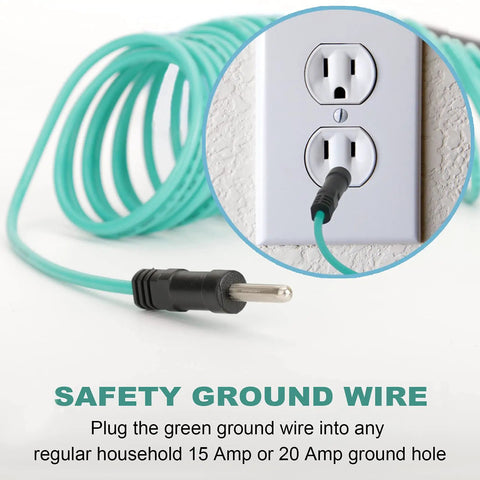 Green safety ground wire plugged into a household outlet, illustrating the ETL listed Dryer Adapter From 4 Prong To 3 Prong For Old School Homes Converts NEMA 10-30P Plug To 14-30R Receptacle 10 AWG STW 1.5 Foot Cord With Ground Wire.