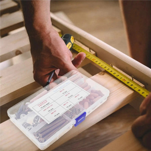 Durable Locking Cam Screws Kit For Furniture Hardware Replacement Includes 95 And 190 Piece Sets in use during bed assembly