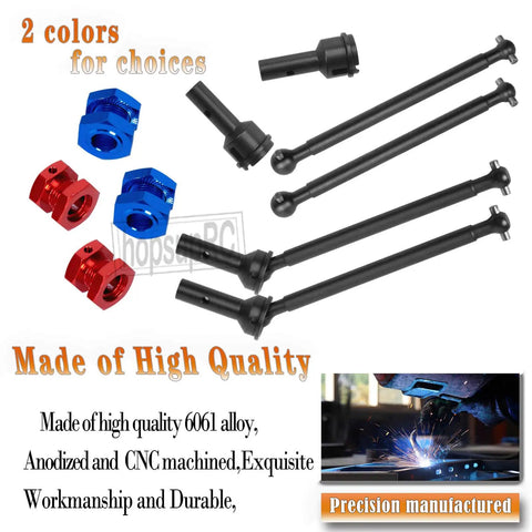 RC Drive Shaft CVD Upgrade Kit For 1/8 Typhon 6S And 1/7 Felony Limitless Roller Infraction 6S BLX 45 Steel Driveshafts Front And Rear Axles Aluminum Wheel Hex Hub Nuts In Red, black shafts and red-blue hex hubs