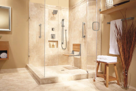 Modern bathroom with 12 Inch Stainless Steel Bathroom Grab Bar In Brushed Nickel For Safety And ADA Compliance, Heavy Duty Support