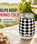 Premium Double Wall Insulated Stemless Wine Tumblers With Slider Lids 12 Oz Set on a table with snacks outdoors.