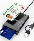 2 In 1 Smart Card Reader With NFC And CAC Support For DOD Military ID Quick And Secure Contact And Contactless Chip Reading Built In USB C With USB A Adapter Works On Windows Mac Linux, showing dual card use
