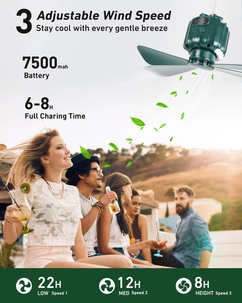 Three In One Portable Ceiling Fan And Camp Lantern With Hanging Hook Remote And USB Power Bank for outdoor use