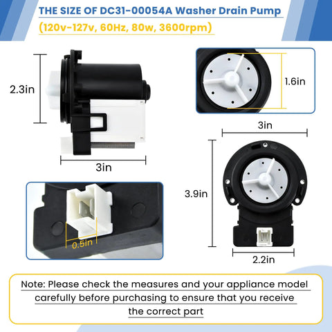 Washer Drain Pump Replacement Fits Most Top Load Washers From Kenmore And Samsung 62902090 side view with 3in and 2.3in dimensions
