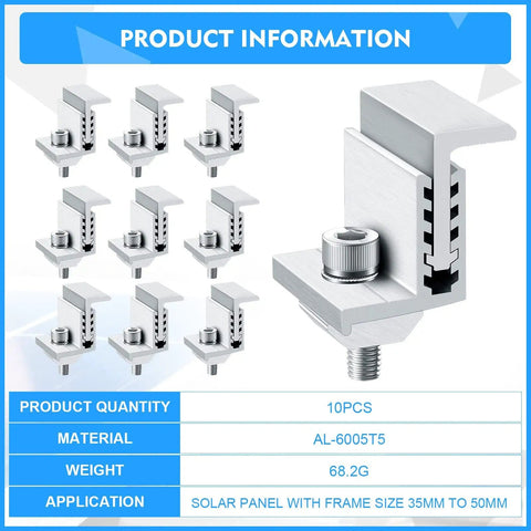 10 Piece Solar Panel End Clamps Set With Z Brackets For PV Mounting System Aluminum Rail Clips Adjustable Mid Clamps