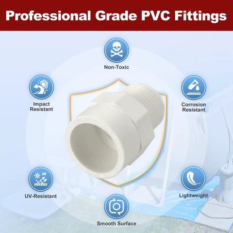 Half Inch PVC NPT Male Thread Adapter Slip Coupling for Schedule 40 Pipes, white, with non-toxic, impact and corrosion resistant features