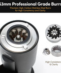 Premium Conical Burr Electric Coffee Grinder With Stepless Adjustment For Smooth Espresso Or Pour Over Brews featuring 63mm stainless steel burrs.