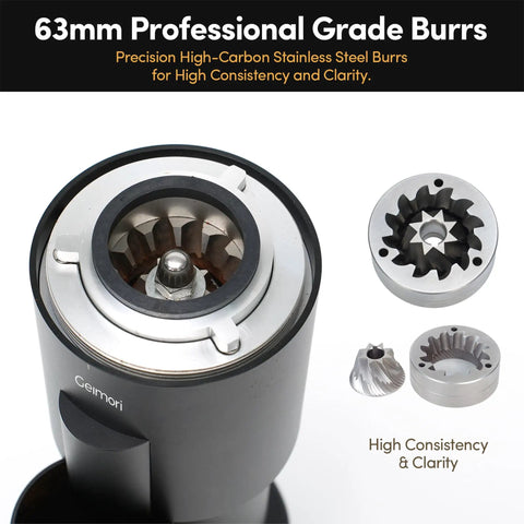 Premium Conical Burr Electric Coffee Grinder With Stepless Adjustment For Smooth Espresso Or Pour Over Brews featuring 63mm stainless steel burrs.