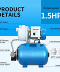 Diagram of Powerful 1.5HP Shallow Well Pump With Pressure Tank For Home Garden Lawn Farm Irrigation, Automatic 1340GPH, 115V, Blue.