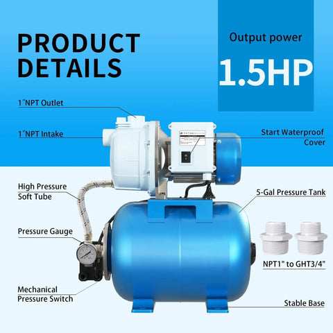 Diagram of Powerful 1.5HP Shallow Well Pump With Pressure Tank For Home Garden Lawn Farm Irrigation, Automatic 1340GPH, 115V, Blue.