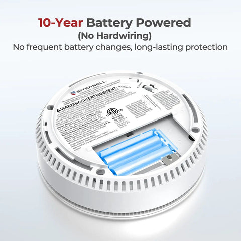 Ten Year Sealed Battery Operated Smoke Detector With Voice Alert, Photoelectric Sensor And Bright LED Indicators For Home Safety, A No Hassle Fire Alarm System For Living Room, Kitchen And Hallways, underside view