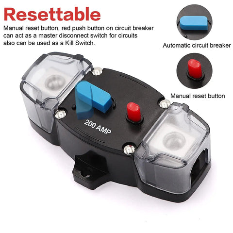 200 Amp 12-24V Manual Reset Circuit Breaker for Trolling Motors and Marine RV Power Systems Inline Fuse Block Holder 0-8 Gauge High Current Protector Waterproof Auto Stereo Inverter Safety, top view