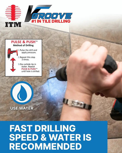V-Groove Tile Drill Bits 1/4 Inch By 4 Inch Carbide Tipped 25 Pack For Porcelain Ceramic Marble Stone And Glass Tile Precise, Clean Drilling For DIY Home Upgrades in use on tile with water