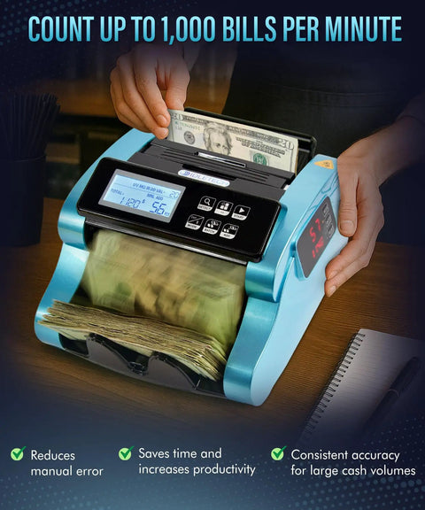 High Speed Money Counter Hits 1000 Bills Per Minute With UV MG IR DD Counterfeit Detection Large LCD Display in use