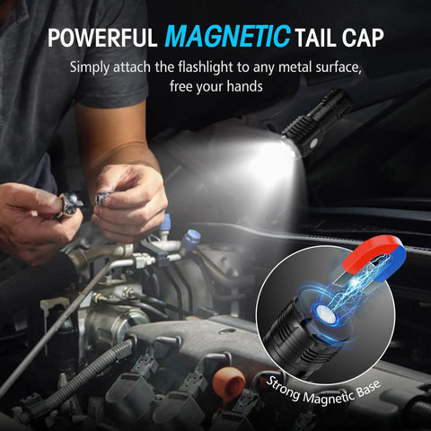 Rechargeable Mini Flashlights With Magnetic Base Twin Pack lighting car engine during repair, hands-free use with magnet.