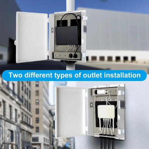Heavy Duty Outdoor Electrical Junction Box Waterproof ABS Enclosure With Built In 15 Amp Power Outlet And Snug Hinged Lid Solid 16X12X4 Inch Shell with two installation types shown.
