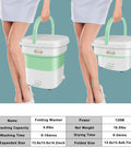Two Tiny But Mighty Foldable Portable Washing Machines held by people, with a table showing specs like load capacity and power.