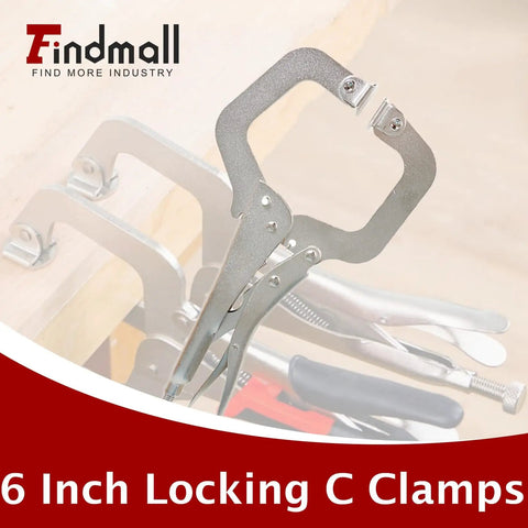 10 Piece 11 Inch Locking C Clamps With Swivel Pads, Heavy Duty C Type Locking Pliers displayed on a table for woodworking.