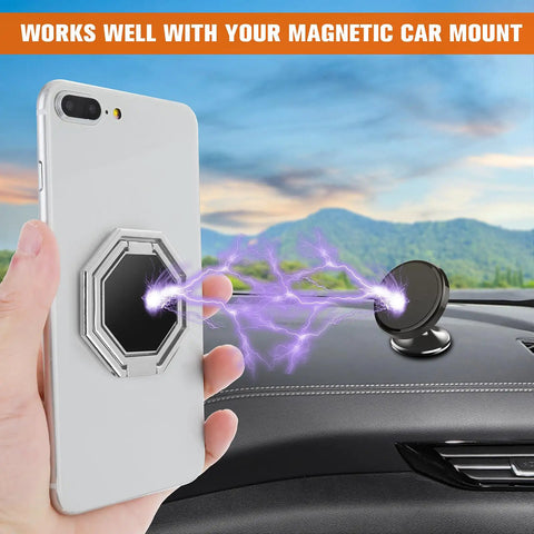 Slick Grip Zinc Alloy Cell Phone Ring Holder With Smooth 360 Rotation Double Fold Finger Kickstand And Rock Solid Desktop Stand Universal Compatibility Silver Edition Drop Guard attached to smartphone with magnetic car mount