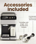 Front view of CafeMaster Pro Espresso Machine with accessories including portafilter and milk frother displayed on white countertop.