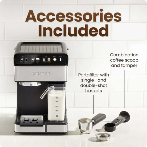 Front view of CafeMaster Pro Espresso Machine with accessories including portafilter and milk frother displayed on white countertop.