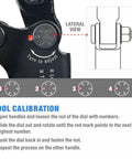 Close-up of Pro Grade PEX Crimp Tool Kit with Three Eighths Inch Die Sets, calibration dial and instructional guide.