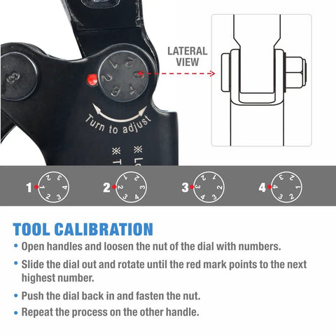 Close-up of Pro Grade PEX Crimp Tool Kit with Three Eighths Inch Die Sets, calibration dial and instructional guide.