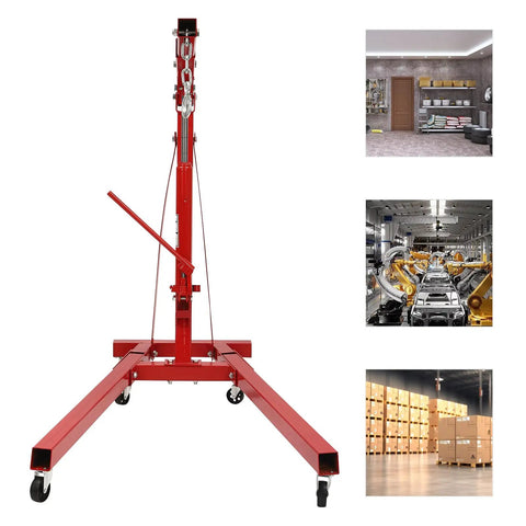 Heavy Duty Folding Hydraulic Engine Hoist Built Tough As Nails With Six Swivel Casters showing a red crane with adjustable load range for engine pulls.