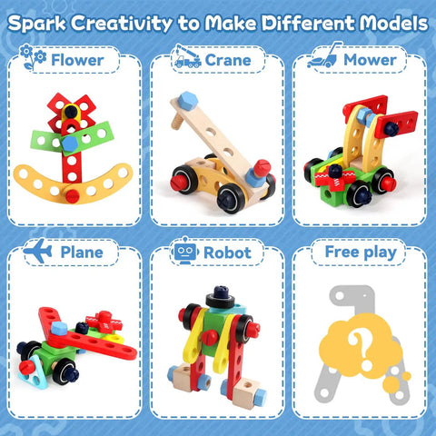 Kids Tool Set With Real Drill For Little Builders showing wooden models of a flower, crane, mower, plane, and robot for creative play.