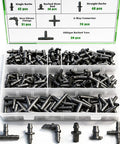 Pro Grade 220 Piece Barbed Irrigation Fittings Kit For One Quarter Inch Tubing organized in a compartmentalized box.