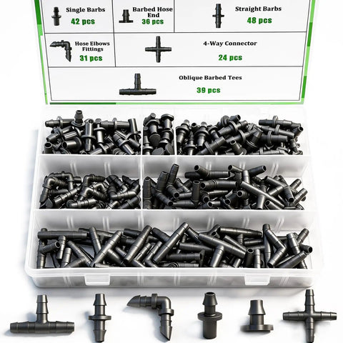 Pro Grade 220 Piece Barbed Irrigation Fittings Kit For One Quarter Inch Tubing organized in a compartmentalized box.