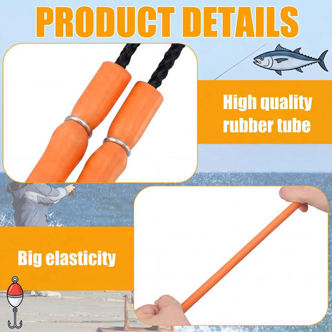 Six Pack Pole Spear Slings for Speargun Rubber Hawaiian Sling Set showing orange rubber tube and hands stretching band.