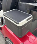 Top Shelf Two Seater Electric Golf Cart Equipped With A Dependable 48V Lithium Battery And Punchy Lightweight Frame For Sweet All Terrain Cruising In Fiery Red. Storage compartment on the side.