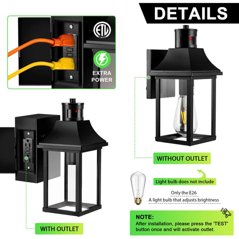 Porch Light With GFCI Outlet and Dusk to Dawn Motion Sensor, Outdoor Lights With 3 Modes, Weatherproof Exterior Fixtures