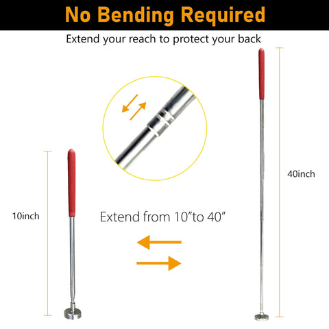 Telescoping Magnetic Pickup Tool 40 Inch Extendable Magnet Stick With 35 Lb Pull showing 10 to 40 inch extension range, red handle