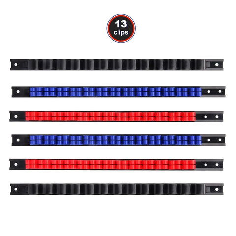 Wall Mount Screwdriver And Wrench Organizer Rack With Clips Hand Tool Holder with 13 black, red, and blue clips view.